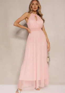 Różowa Sukienka Koktajlowa z Siateczką Wiązana Materiałowym Paskiem ze Stójką Nestassi