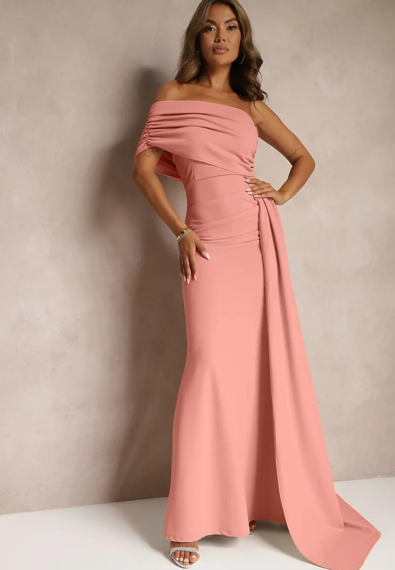 Różowa Sukienka Maxi bez Ramiączek z Ozdobnym Trenem i Marszczeniem Kaliel