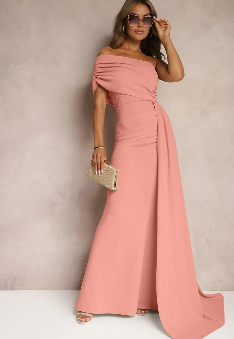 Różowa Sukienka Maxi bez Ramiączek z Ozdobnym Trenem i Marszczeniem Kaliel