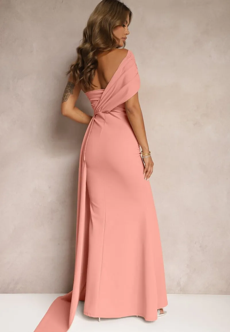 Różowa Sukienka Maxi bez Ramiączek z Ozdobnym Trenem i Marszczeniem Kaliel