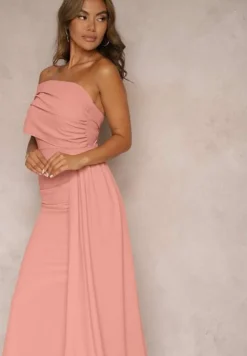 Różowa Sukienka Maxi bez Ramiączek z Ozdobnym Trenem i Marszczeniem Kaliel