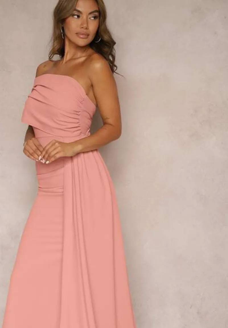 Różowa Sukienka Maxi bez Ramiączek z Ozdobnym Trenem i Marszczeniem Kaliel