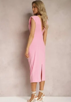 Różowa Sukienka Midi Bez Rękawów z Drapowaniem i Wycięciem na Plecach Blita