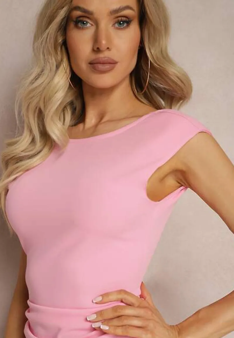 Różowa Sukienka Midi Bez Rękawów z Drapowaniem i Wycięciem na Plecach Blita