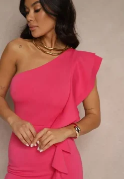 Różowa Sukienka na Jedno Ramię z Falbaną Lenoska