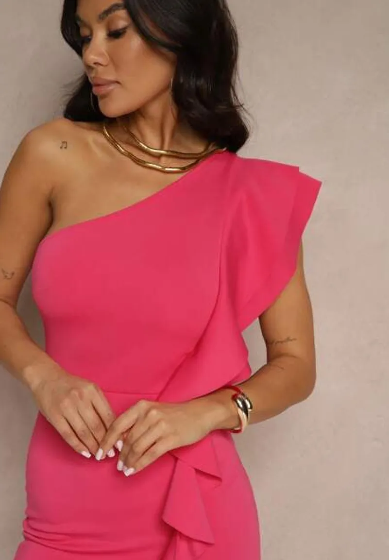 Różowa Sukienka na Jedno Ramię z Falbaną Lenoska