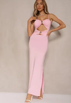 Różowa Sukienka na Ramiączkach o Dopasowanym Kroju z Wycięciami i Ozdobami w Złocie Galivena