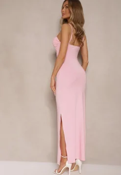 Różowa Sukienka na Ramiączkach o Dopasowanym Kroju z Wycięciami i Ozdobami w Złocie Galivena