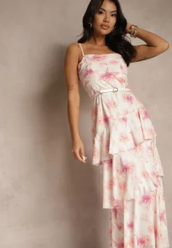 Różowa Sukienka na Ramiączkach z Falbankami i Marszczeniem w Kwiatowy Wzór Revoreine