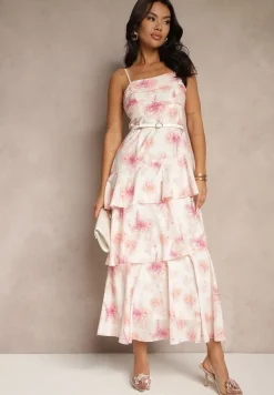 Różowa Sukienka na Ramiączkach z Falbankami i Marszczeniem w Kwiatowy Wzór Revoreine