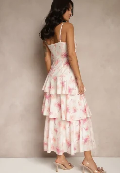 Różowa Sukienka na Ramiączkach z Falbankami i Marszczeniem w Kwiatowy Wzór Revoreine