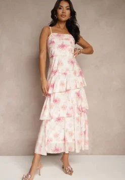 Różowa Sukienka na Ramiączkach z Falbankami i Marszczeniem w Kwiatowy Wzór Revoreine