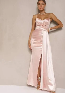 Różowa Sukienka Satynowa z Marszczeniem i Ozdobnym Trenem Katiriva