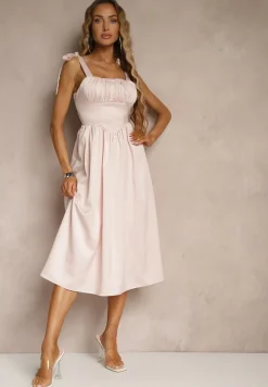 Różowa Sukienka Vices o Rozkloszowanym Kroju z Wiązanymi Ramiączkami Natirise