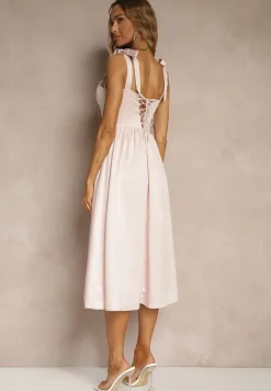Różowa Sukienka Vices o Rozkloszowanym Kroju z Wiązanymi Ramiączkami Natirise