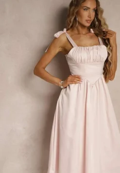 Różowa Sukienka Vices o Rozkloszowanym Kroju z Wiązanymi Ramiączkami Natirise