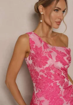 Różowa Sukienka w Kwiaty o Taliowanym Fasonie z Asymetryczną Górą na Jedno Ramię Halavira