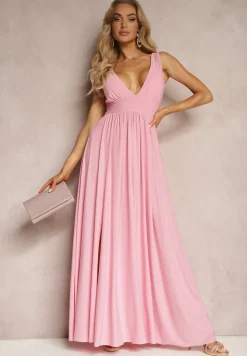 Różowa Sukienka Wieczorowa na Ramiączkach z Dekoltem w Szpic i Rozcięciem Nestanni