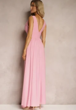 Różowa Sukienka Wieczorowa na Ramiączkach z Dekoltem w Szpic i Rozcięciem Nestanni