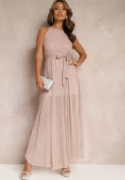 Różowa Sukienka z Dekoltem Halter Błyszczącą Nicią i Gumką w Pasaie Ketura