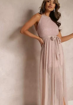 Różowa Sukienka z Dekoltem Halter Błyszczącą Nicią i Gumką w Pasaie Ketura