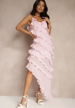 Różowa Sukienka z Falbankami o Asymetrycznym Kroju Linessiela