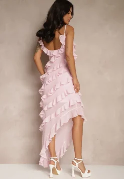 Różowa Sukienka z Falbankami o Asymetrycznym Kroju Linessiela