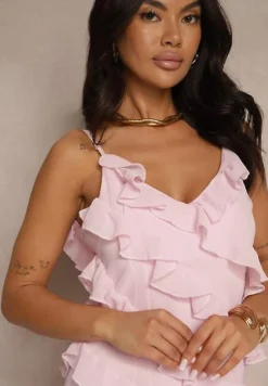 Różowa Sukienka z Falbankami o Asymetrycznym Kroju Linessiela