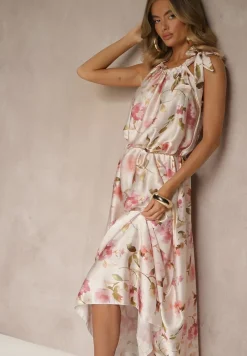 Różowa Sukienka z Satyny w Kwiatowy Wzór Fenimea