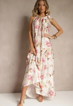 Różowa Sukienka z Satyny w Kwiatowy Wzór Fenimea