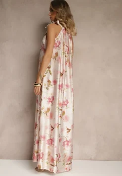 Różowa Sukienka z Satyny w Kwiatowy Wzór Fenimea