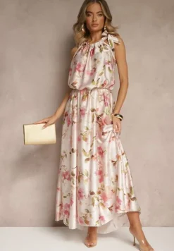 Różowa Sukienka z Satyny w Kwiatowy Wzór Fenimea