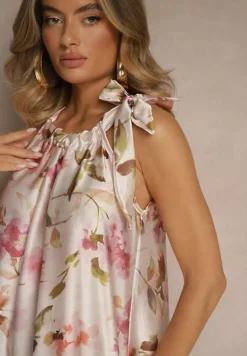 Różowa Sukienka z Satyny w Kwiatowy Wzór Fenimea