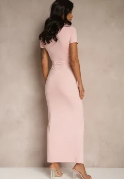 Różowa Sukienka z Wiskozą Ozdobiona Marszczeniem i Rozcięciem na Nogę Milanorea
