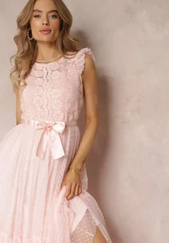 Różowa Taliowana Sukienka z Tiulową Spódnicą i Górą z Koronki Darela