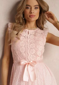 Różowa Taliowana Sukienka z Tiulową Spódnicą i Górą z Koronki Darela