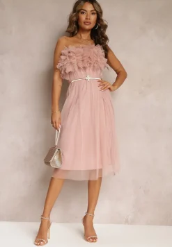 Różowa Tiulowa Sukienka bez Ramiączek z Falbankami Tremone
