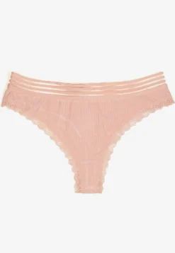 Różowe Bawełniane Majtki o Kroju Stringów Ozdobione Koronką i Gumką w Paski Torllana