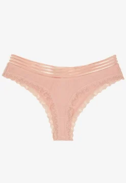 Różowe Bawełniane Majtki o Kroju Stringów Ozdobione Koronką i Gumką w Paski Torllana