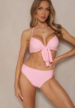 Różowe Bikini Majtki Figi Biustonosz z Wiązaniem i Kwiatowe Pareo Folanira