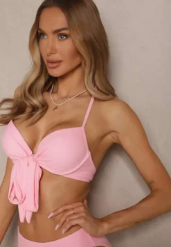 Różowe Bikini Majtki Figi Biustonosz z Wiązaniem i Kwiatowe Pareo Folanira