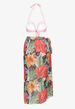 Różowe Bikini Majtki Figi Biustonosz z Wiązaniem i Kwiatowe Pareo Folanira