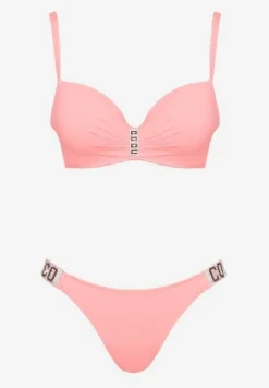 Różowe Bikini Biustonosz i Majtki Figi z Aplikacją z Cyrkoniami Nateria