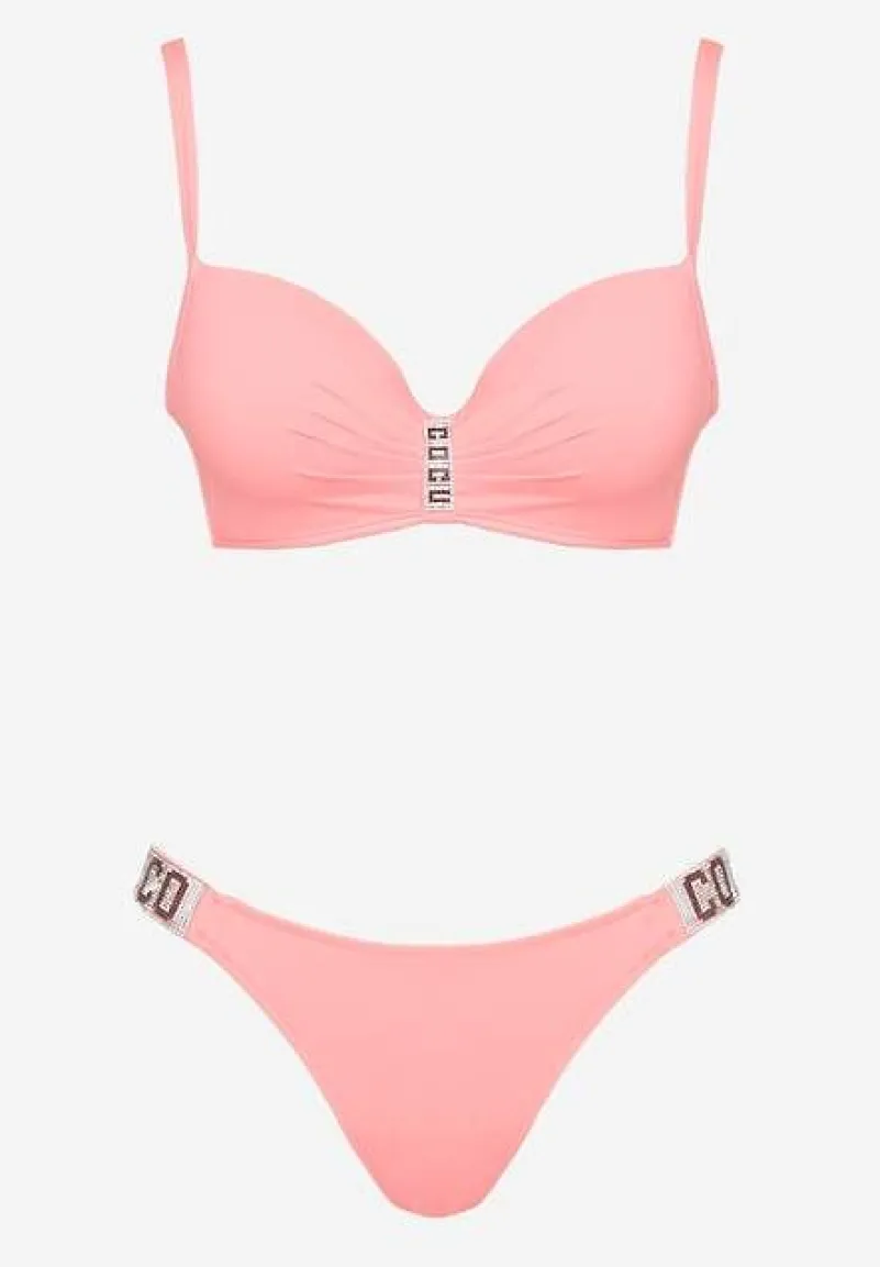 Różowe Bikini Biustonosz i Majtki Figi z Aplikacją z Cyrkoniami Nateria