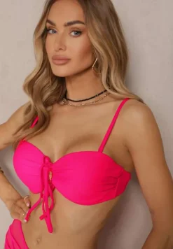 Różowe Bikini Biustonosz i Majtki Figi High Waist z Siateczkowymi Zdobieniami Kinovia