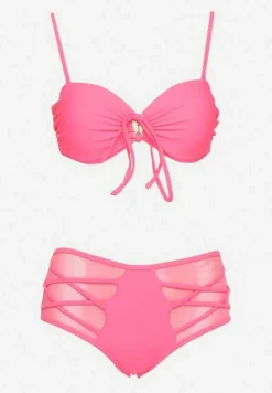Różowe Bikini Biustonosz i Majtki Figi High Waist z Siateczkowymi Zdobieniami Kinovia