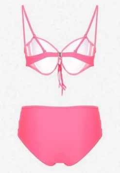 Różowe Bikini Biustonosz i Majtki Figi High Waist z Siateczkowymi Zdobieniami Kinovia