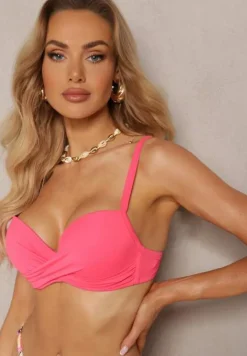 Różowe Bikini Biustonosz na Cienkich Ramiączkach z Regulacją i 2 Pary Majtek z Wiązaniem i Regulacją Pammarie