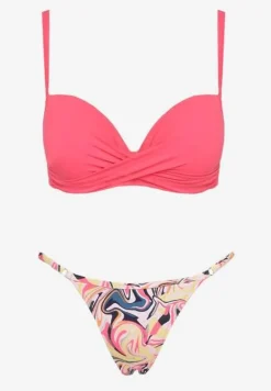 Różowe Bikini Biustonosz na Cienkich Ramiączkach z Regulacją i 2 Pary Majtek z Wiązaniem i Regulacją Pammarie
