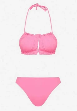 Różowe Bikini Majtki Figi Biustonosz z Wiązaniem Ozdobiony Marszczeniem Folinira